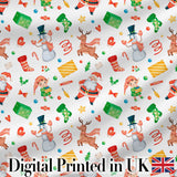Cute Santa Snowman Reindeer Elf Christmas Holiday Fun Seamless Pattern Digital Print Fabric by the Metre UK Sewing Quilting Textile