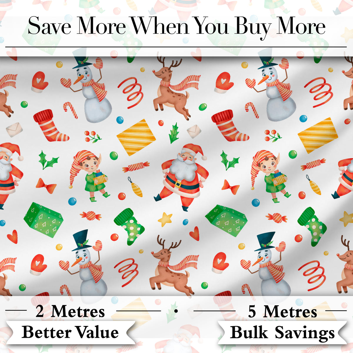Cute Santa Snowman Reindeer Elf Christmas Holiday Fun Seamless Pattern Digital Print Fabric by the Metre UK Sewing Quilting Textile