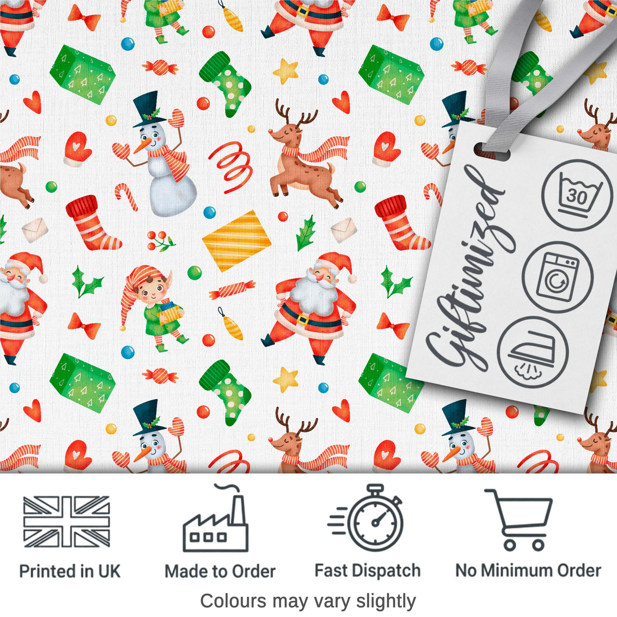 Cute Santa Snowman Reindeer Elf Christmas Holiday Fun Seamless Pattern Digital Print Fabric by the Metre UK Sewing Quilting Textile