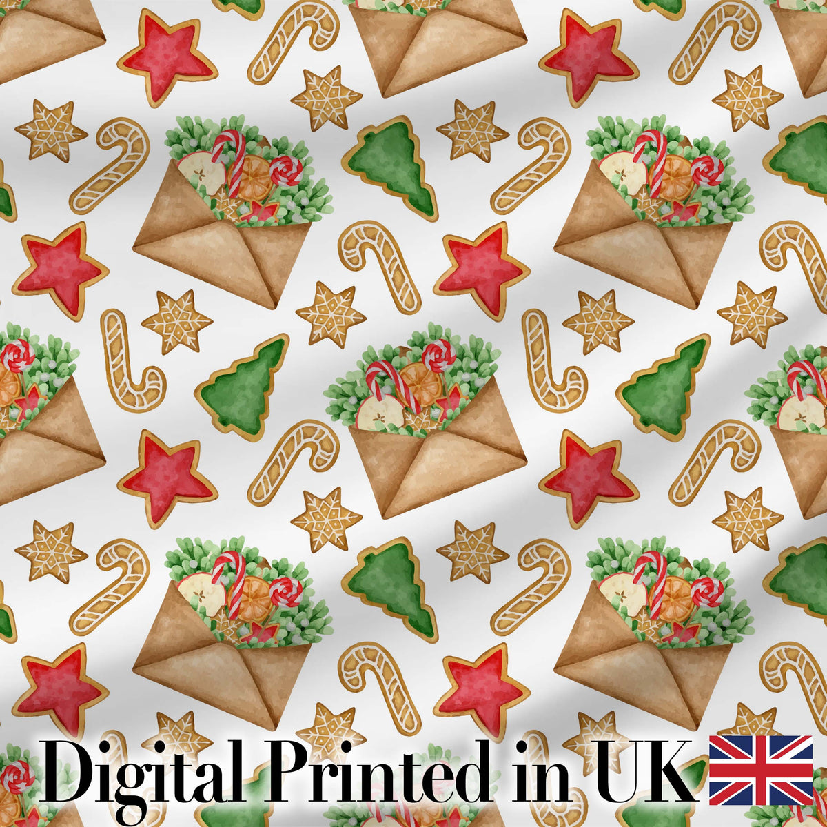 Watercolor Christmas Cookies Candy Cane Festive Treats Seamless Pattern Digital Print Fabric by the Metre UK Sewing Quilting Textile