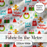 Winter Holidays Snowman Gingerbread Gifts Festive Text Seamless Pattern Digital Print Fabric by the Metre UK Sewing Quilting Textile