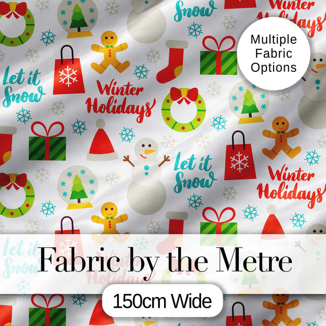 Winter Holidays Snowman Gingerbread Gifts Festive Text Seamless Pattern Digital Print Fabric by the Metre UK Sewing Quilting Textile