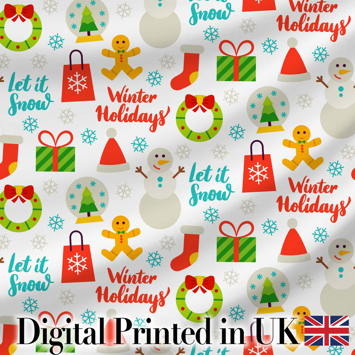 Winter Holidays Snowman Gingerbread Gifts Festive Text Seamless Pattern Digital Print Fabric by the Metre UK Sewing Quilting Textile