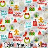 Winter Holidays Snowman Gingerbread Gifts Festive Text Seamless Pattern Digital Print Fabric by the Metre UK Sewing Quilting Textile
