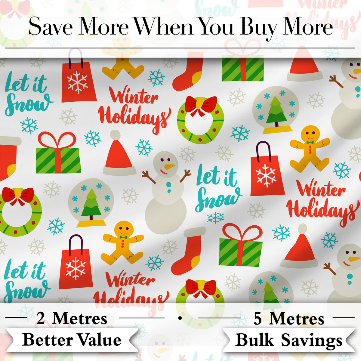 Winter Holidays Snowman Gingerbread Gifts Festive Text Seamless Pattern Digital Print Fabric by the Metre UK Sewing Quilting Textile