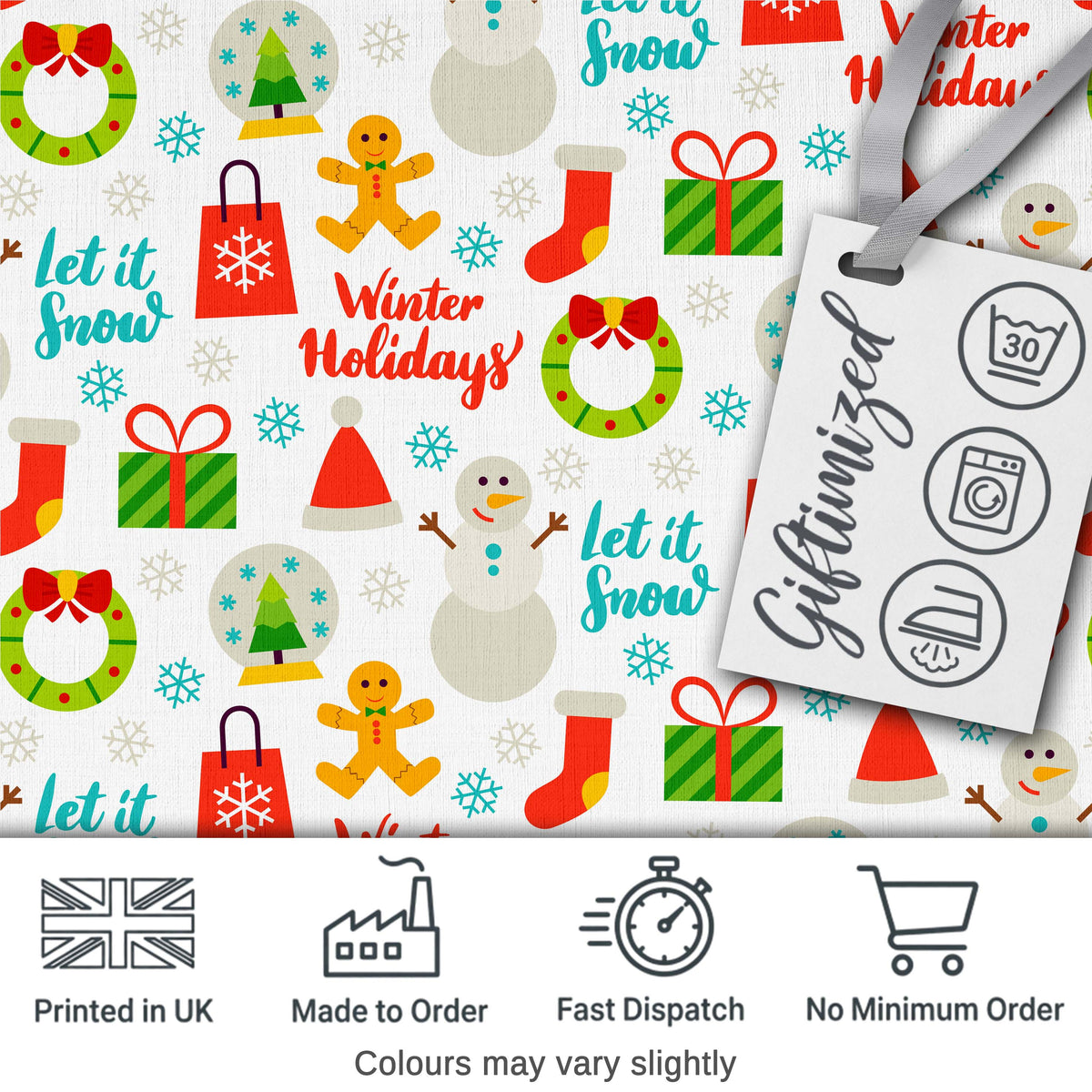 Winter Holidays Snowman Gingerbread Gifts Festive Text Seamless Pattern Digital Print Fabric by the Metre UK Sewing Quilting Textile