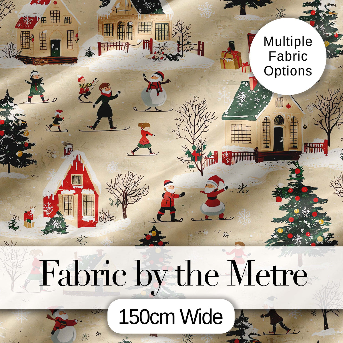 Vintage Winter Village Ice Skating Christmas Scene Seamless Pattern Digital Print Fabric by the Metre UK Sewing Quilting Textile