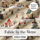 Vintage Winter Village Ice Skating Christmas Scene Seamless Pattern Digital Print Fabric by the Metre UK Sewing Quilting Textile