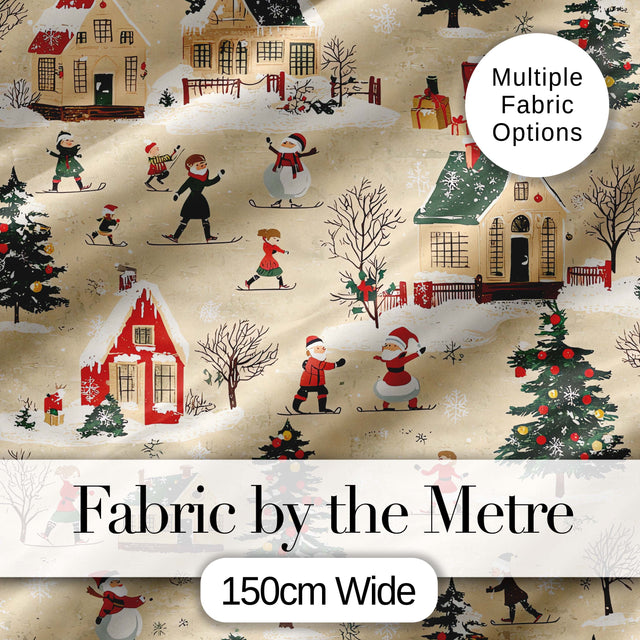 Vintage Winter Village Ice Skating Christmas Scene Seamless Pattern Digital Print Fabric by the Metre UK Sewing Quilting Textile
