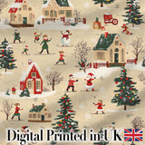 Vintage Winter Village Ice Skating Christmas Scene Seamless Pattern Digital Print Fabric by the Metre UK Sewing Quilting Textile