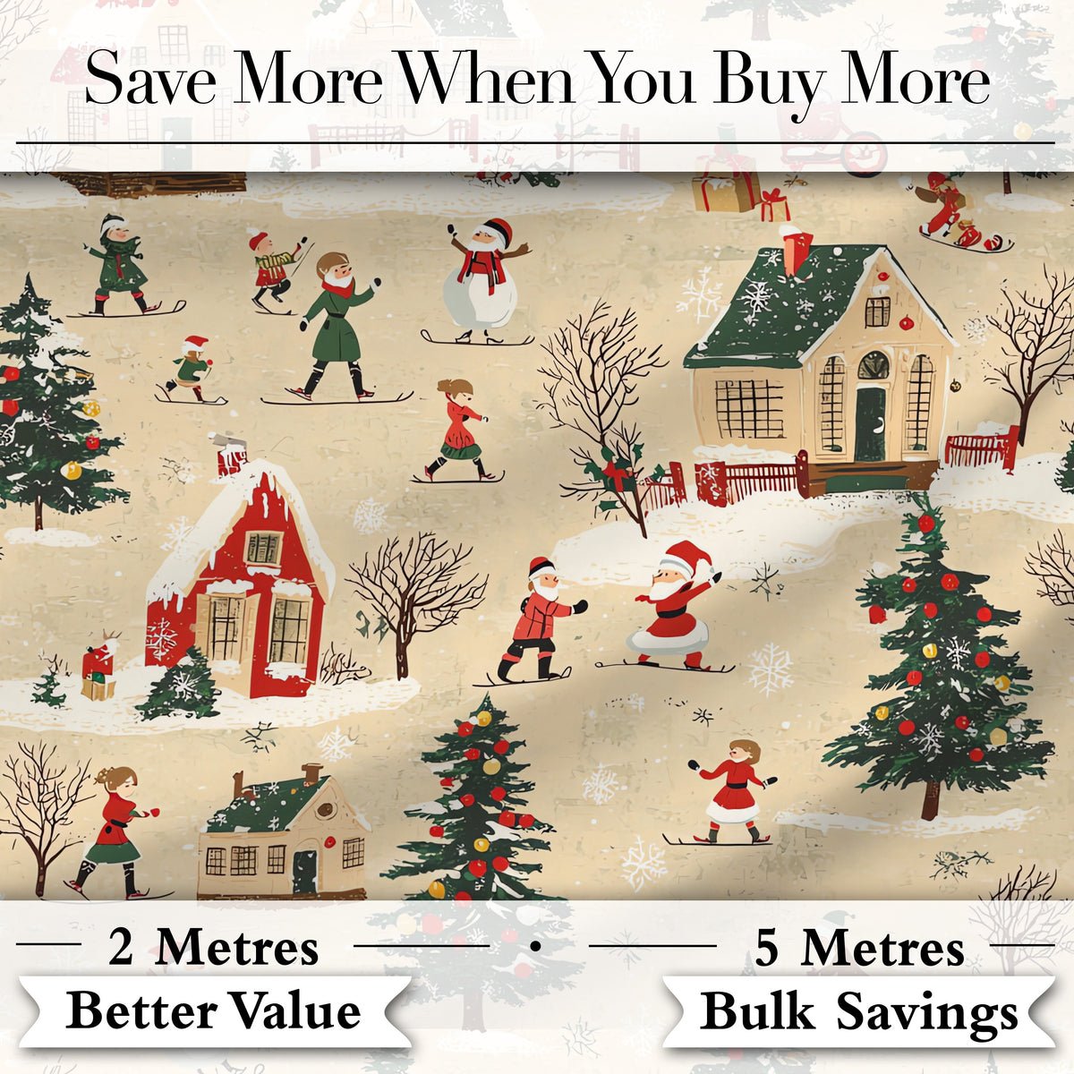 Vintage Winter Village Ice Skating Christmas Scene Seamless Pattern Digital Print Fabric by the Metre UK Sewing Quilting Textile