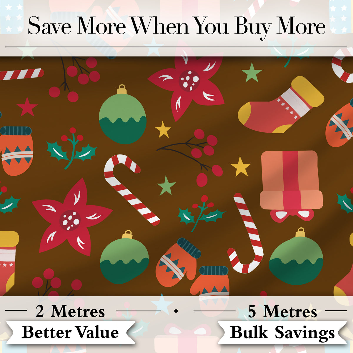 Christmas Mittens Baubles Candy Cane Floral Holiday Seamless Pattern Digital Print Fabric by the Metre UK Sewing Quilting Textile