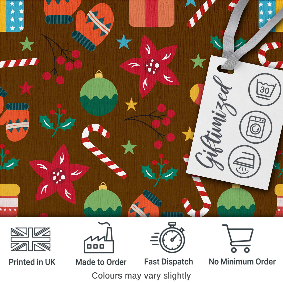 Christmas Mittens Baubles Candy Cane Floral Holiday Seamless Pattern Digital Print Fabric by the Metre UK Sewing Quilting Textile