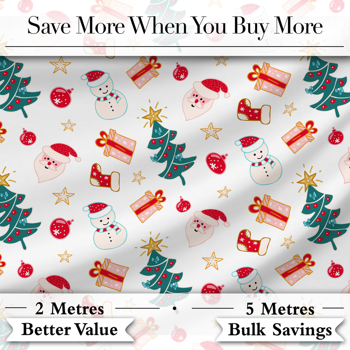 Cute Snowman Santa Tree Gifts Stars Holiday Seamless Pattern Digital Print Fabric by the Metre UK Sewing Quilting Textile