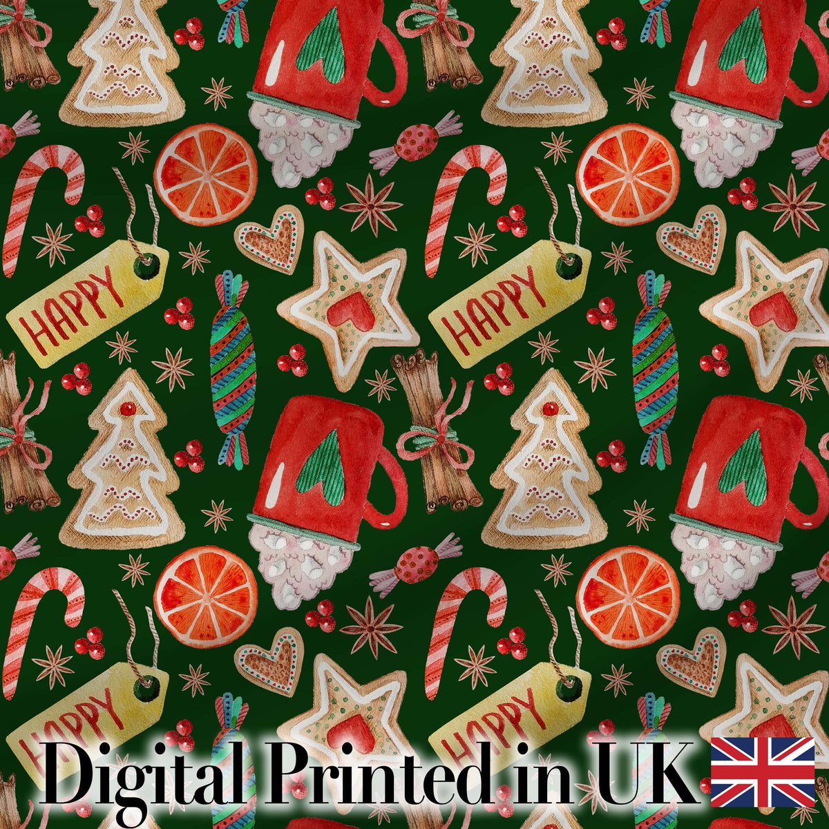 Watercolor Christmas Mug Cookies Candy Orange Festive Seamless Pattern Digital Print Fabric by the Metre UK Sewing Quilting Textile