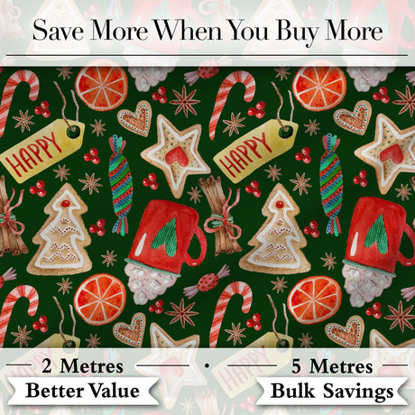 Watercolor Christmas Mug Cookies Candy Orange Festive Seamless Pattern Digital Print Fabric by the Metre UK Sewing Quilting Textile