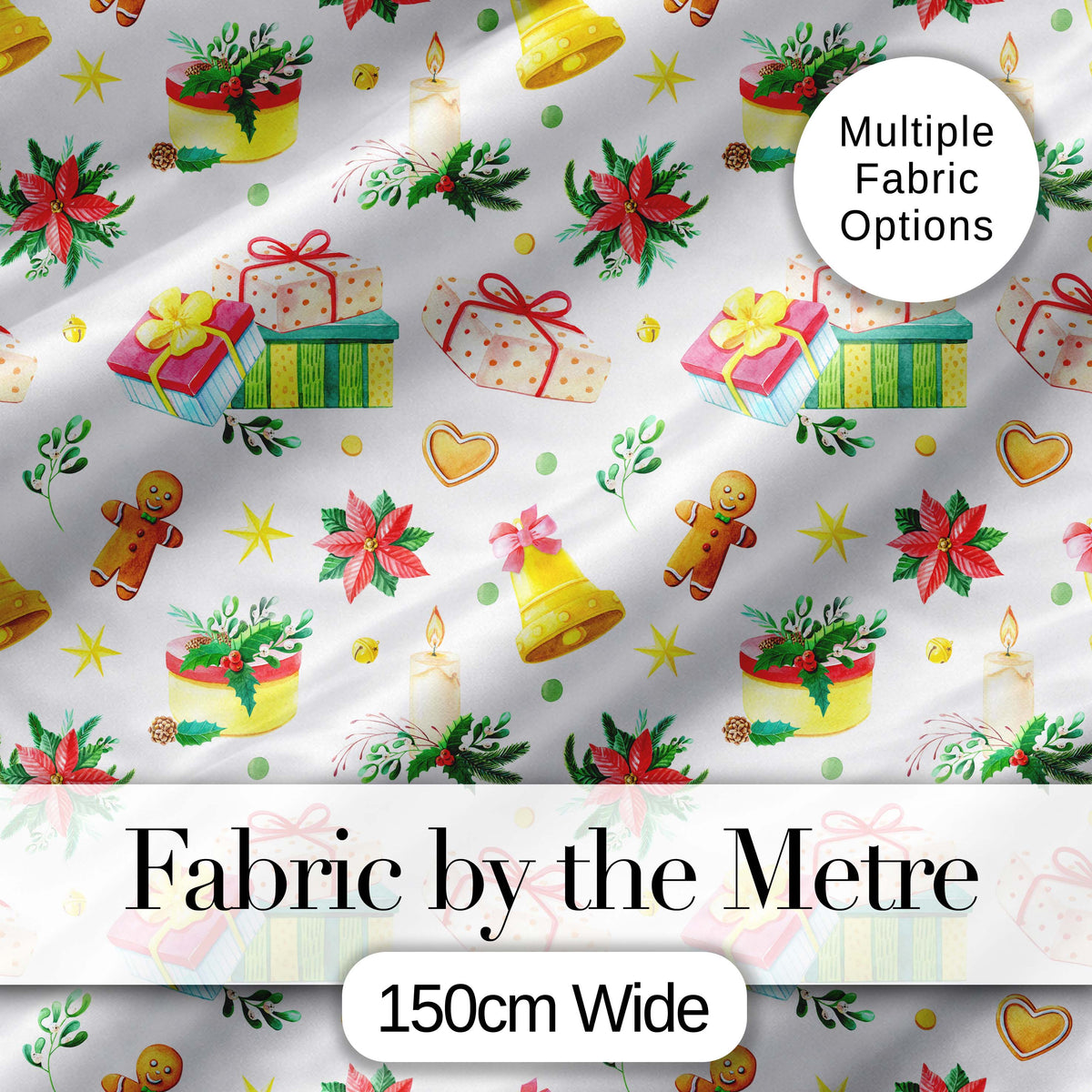 Watercolor Christmas Gifts Candle Poinsettia Seamless Pattern Digital Print Fabric by the Metre UK Sewing Quilting Textile