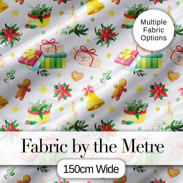 Watercolor Christmas Gifts Candle Poinsettia Seamless Pattern Digital Print Fabric by the Metre UK Sewing Quilting Textile