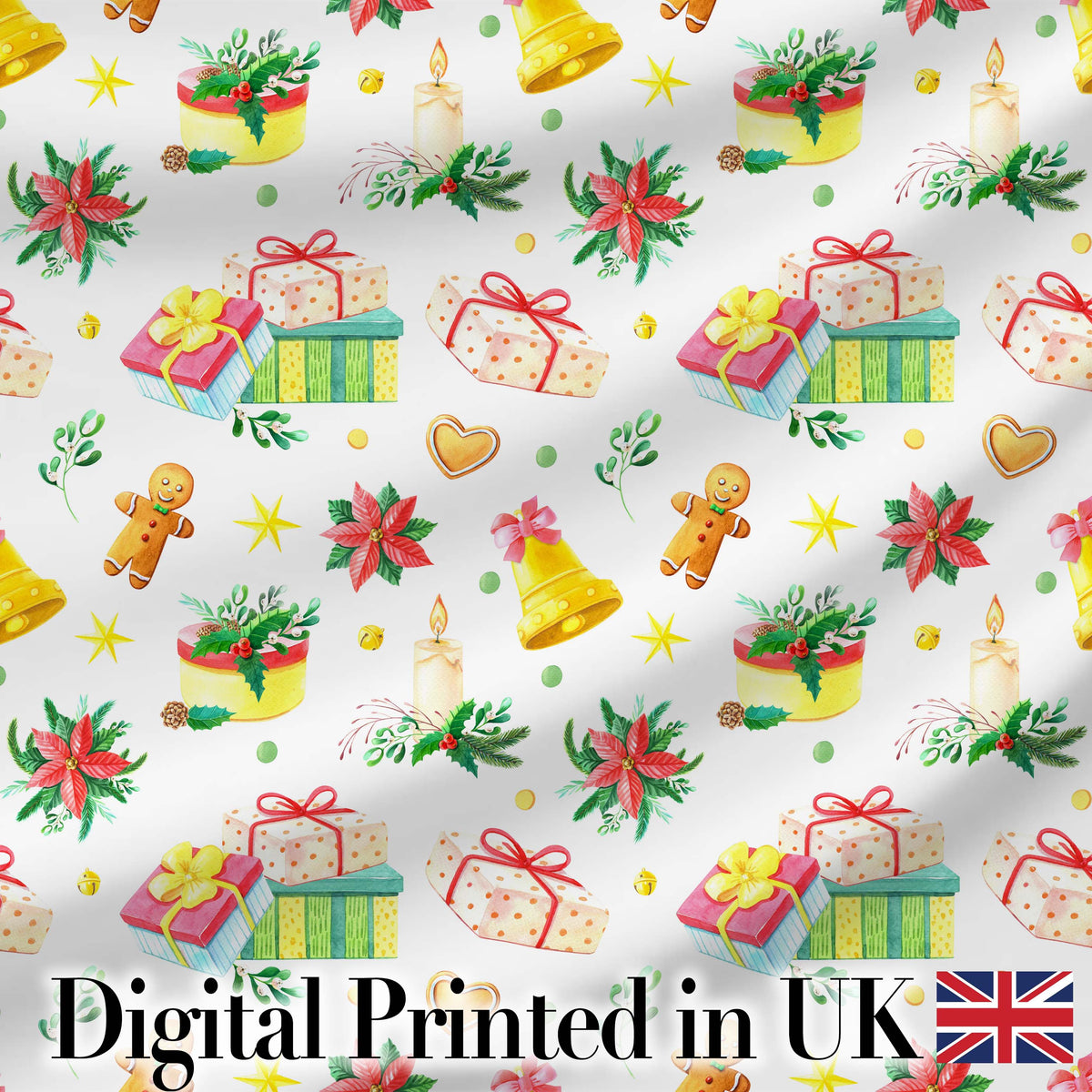 Watercolor Christmas Gifts Candle Poinsettia Seamless Pattern Digital Print Fabric by the Metre UK Sewing Quilting Textile