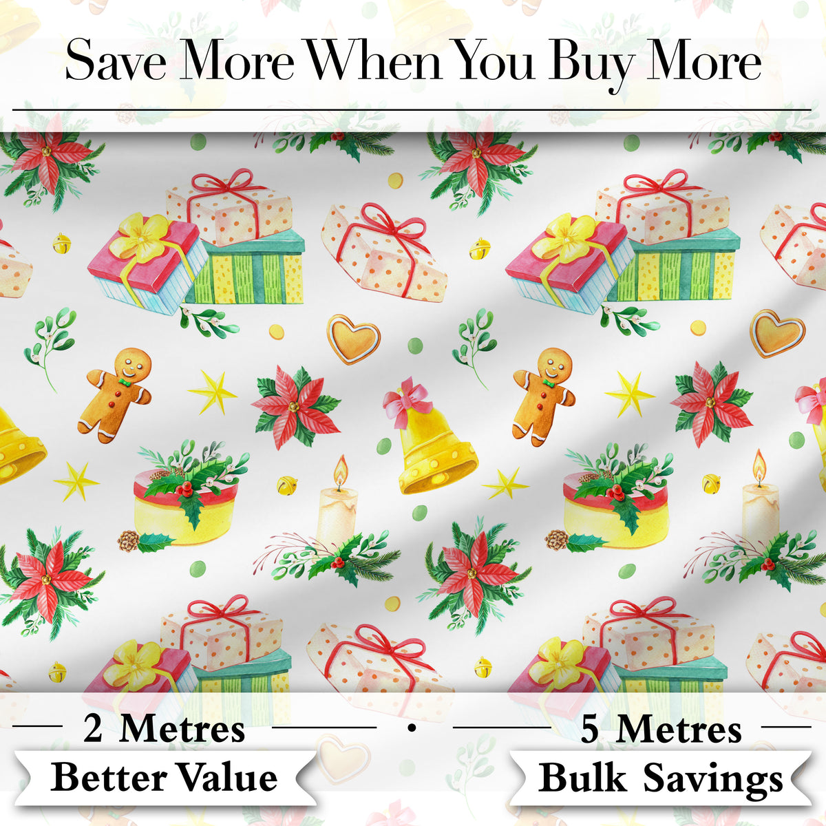 Watercolor Christmas Gifts Candle Poinsettia Seamless Pattern Digital Print Fabric by the Metre UK Sewing Quilting Textile