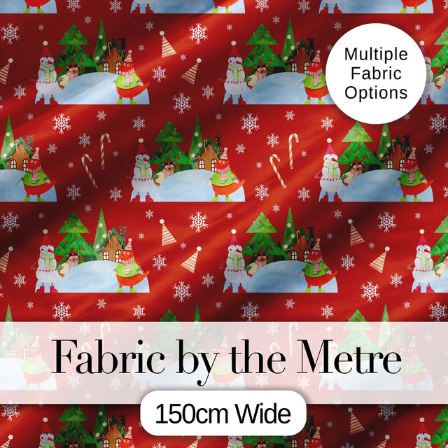 Cute Winter Snowman Bird Christmas Scene Red Seamless Pattern Digital Print Fabric by the Metre UK Sewing Quilting Textile