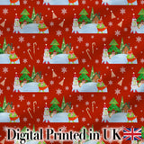 Cute Winter Snowman Bird Christmas Scene Red Seamless Pattern Digital Print Fabric by the Metre UK Sewing Quilting Textile