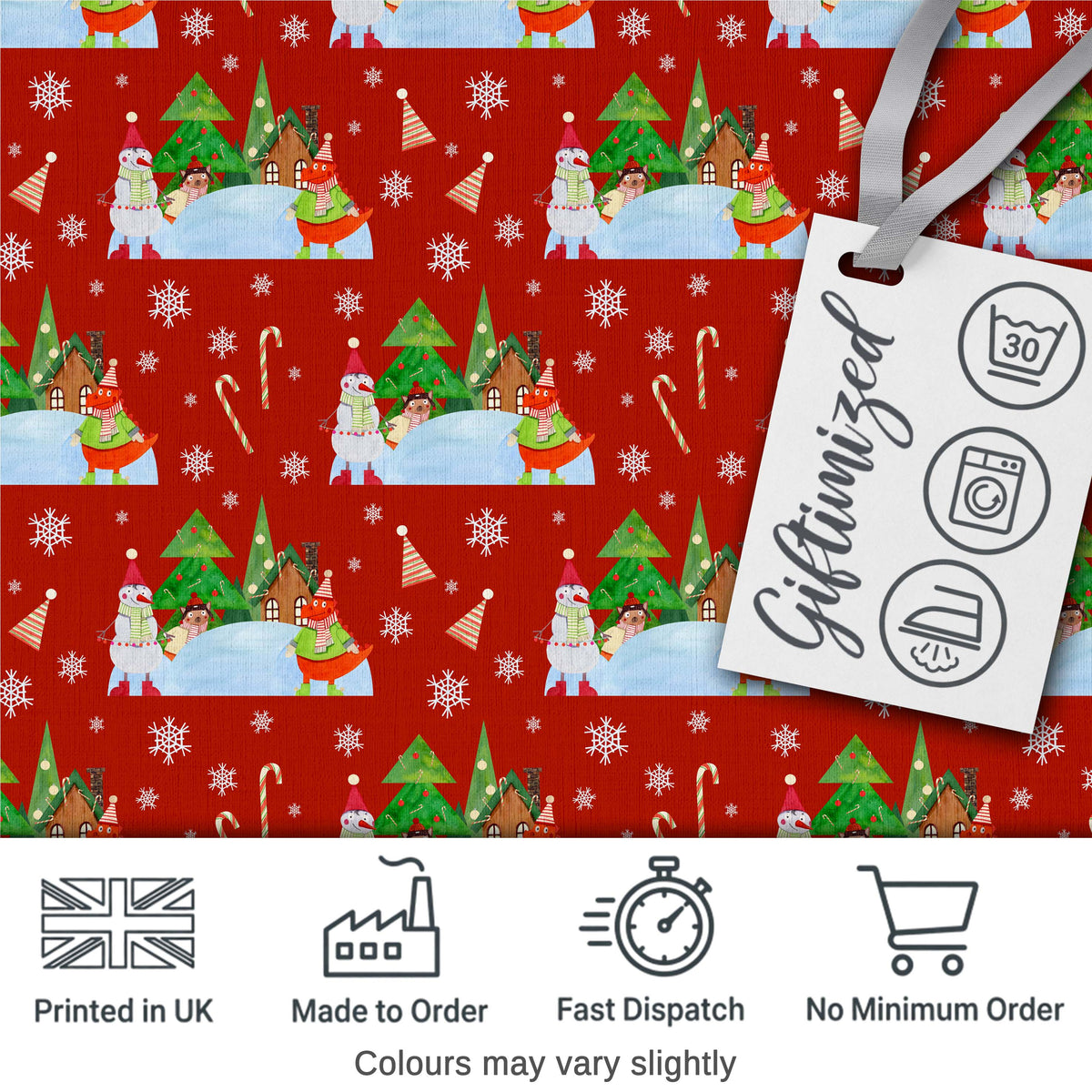 Cute Winter Snowman Bird Christmas Scene Red Seamless Pattern Digital Print Fabric by the Metre UK Sewing Quilting Textile