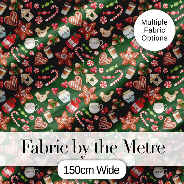 Watercolor Christmas Cookies Candy Cane Coffee Seamless Pattern Digital Print Fabric by the Metre UK Sewing Quilting Textile