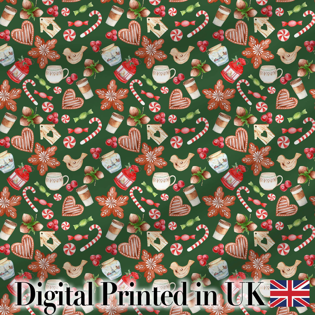 Watercolor Christmas Cookies Candy Cane Coffee Seamless Pattern Digital Print Fabric by the Metre UK Sewing Quilting Textile