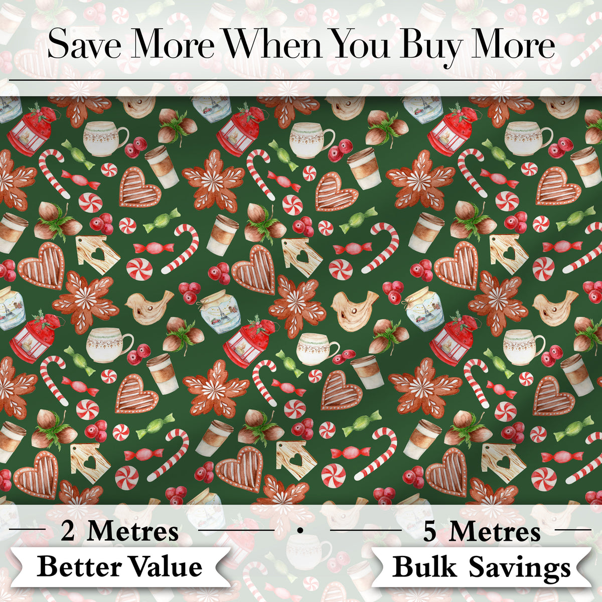 Watercolor Christmas Cookies Candy Cane Coffee Seamless Pattern Digital Print Fabric by the Metre UK Sewing Quilting Textile