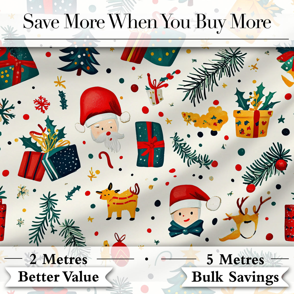 Cute Santa Reindeer Gifts Pine Branch Festive Seamless Pattern Digital Print Fabric by the Metre UK Sewing Quilting Textile