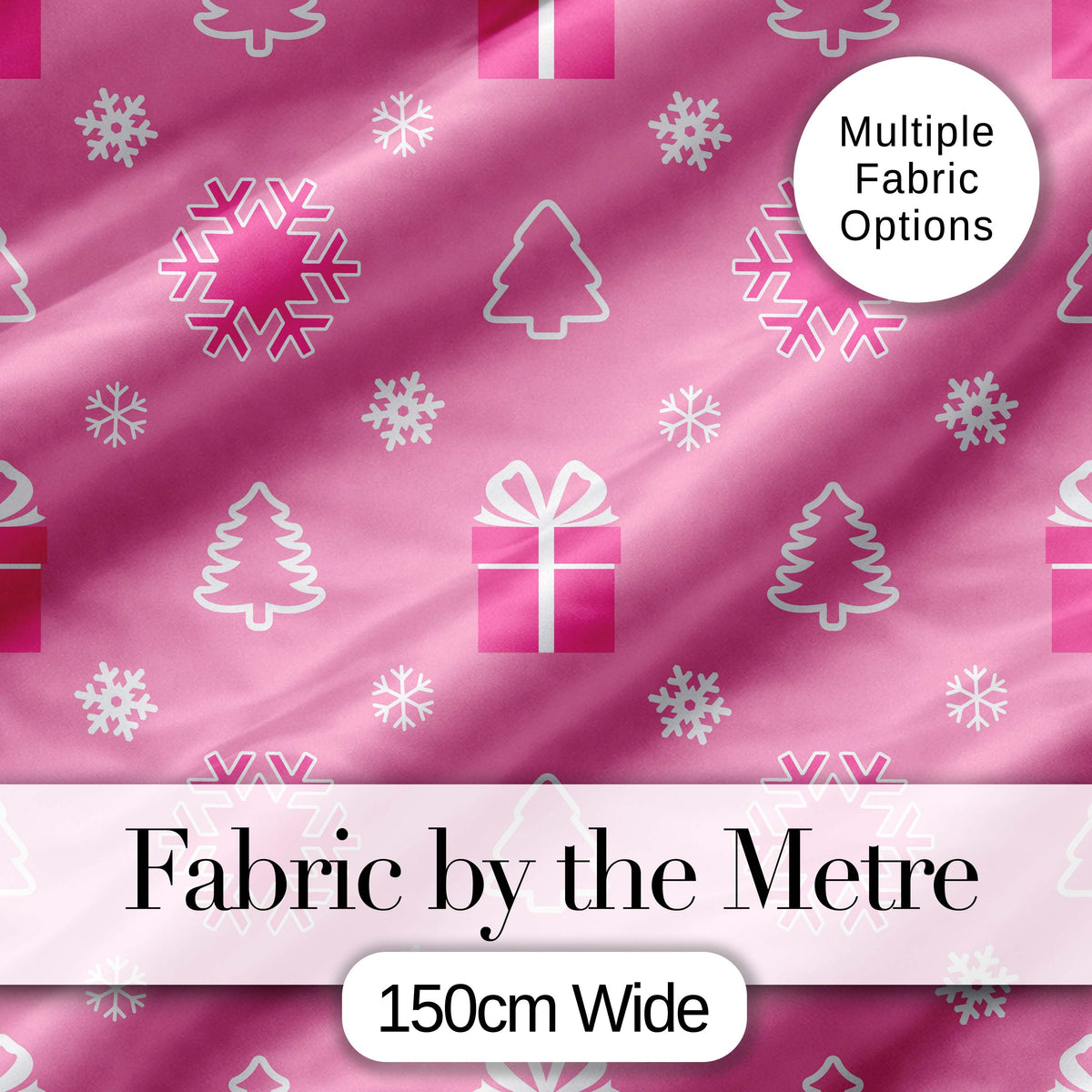 Pink Christmas Snowflakes Trees Gift Box Seamless Pattern Digital Print Fabric by the Metre UK Sewing Quilting Textile
