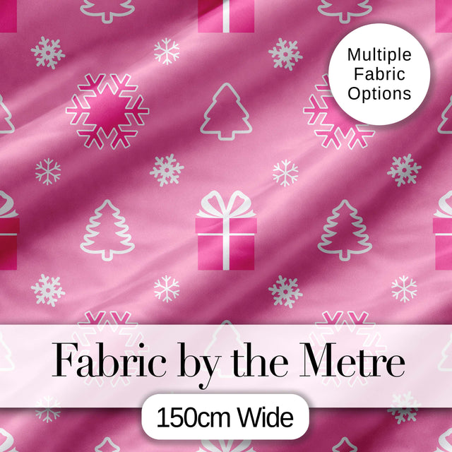 Pink Christmas Snowflakes Trees Gift Box Seamless Pattern Digital Print Fabric by the Metre UK Sewing Quilting Textile