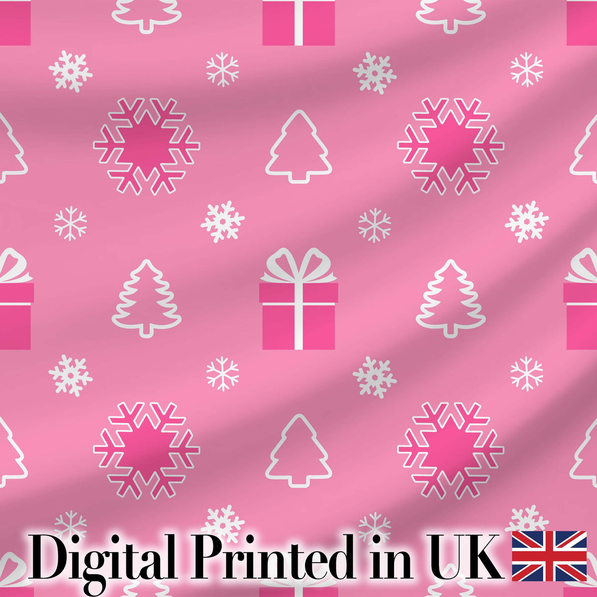 Pink Christmas Snowflakes Trees Gift Box Seamless Pattern Digital Print Fabric by the Metre UK Sewing Quilting Textile