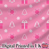 Pink Christmas Snowflakes Trees Gift Box Seamless Pattern Digital Print Fabric by the Metre UK Sewing Quilting Textile