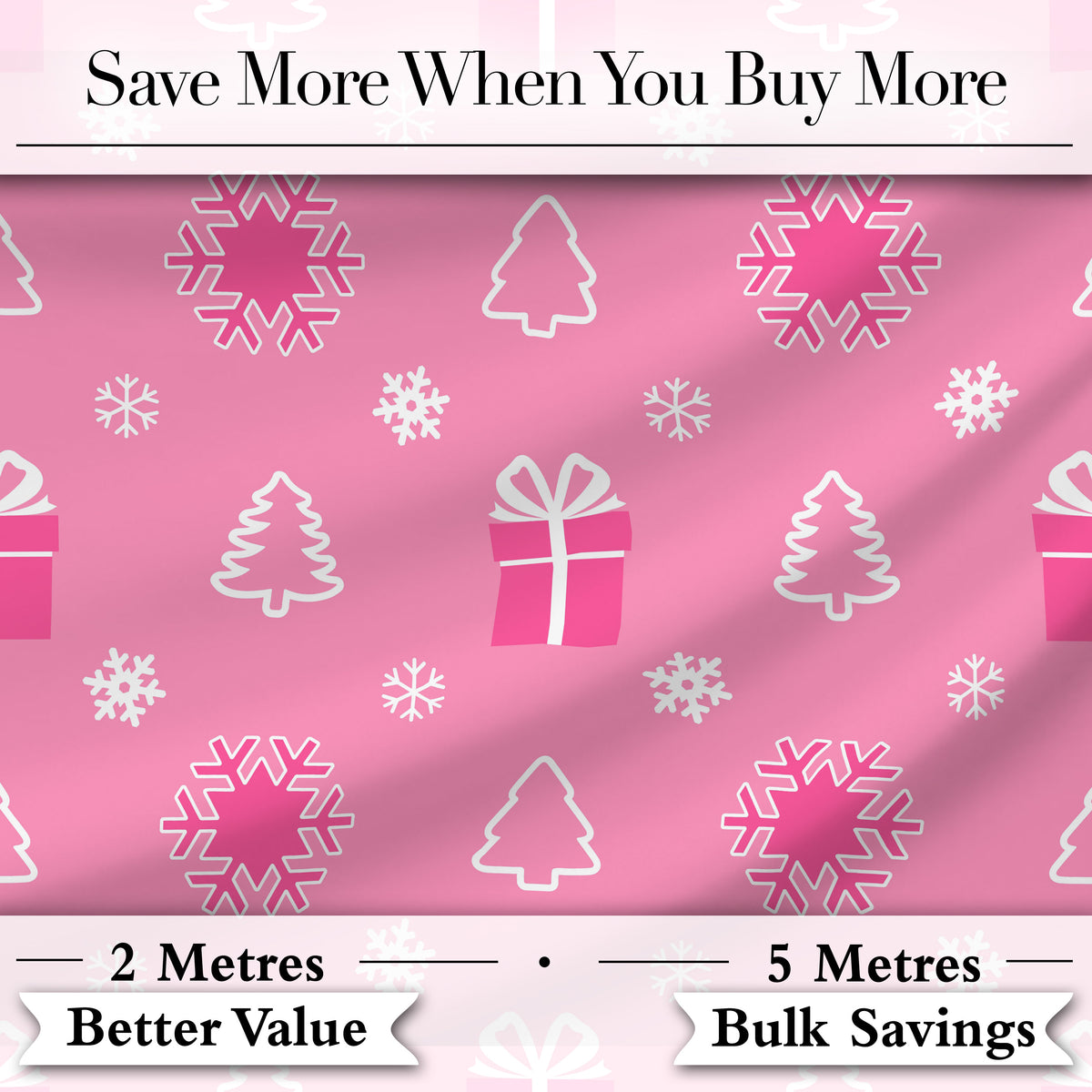 Pink Christmas Snowflakes Trees Gift Box Seamless Pattern Digital Print Fabric by the Metre UK Sewing Quilting Textile