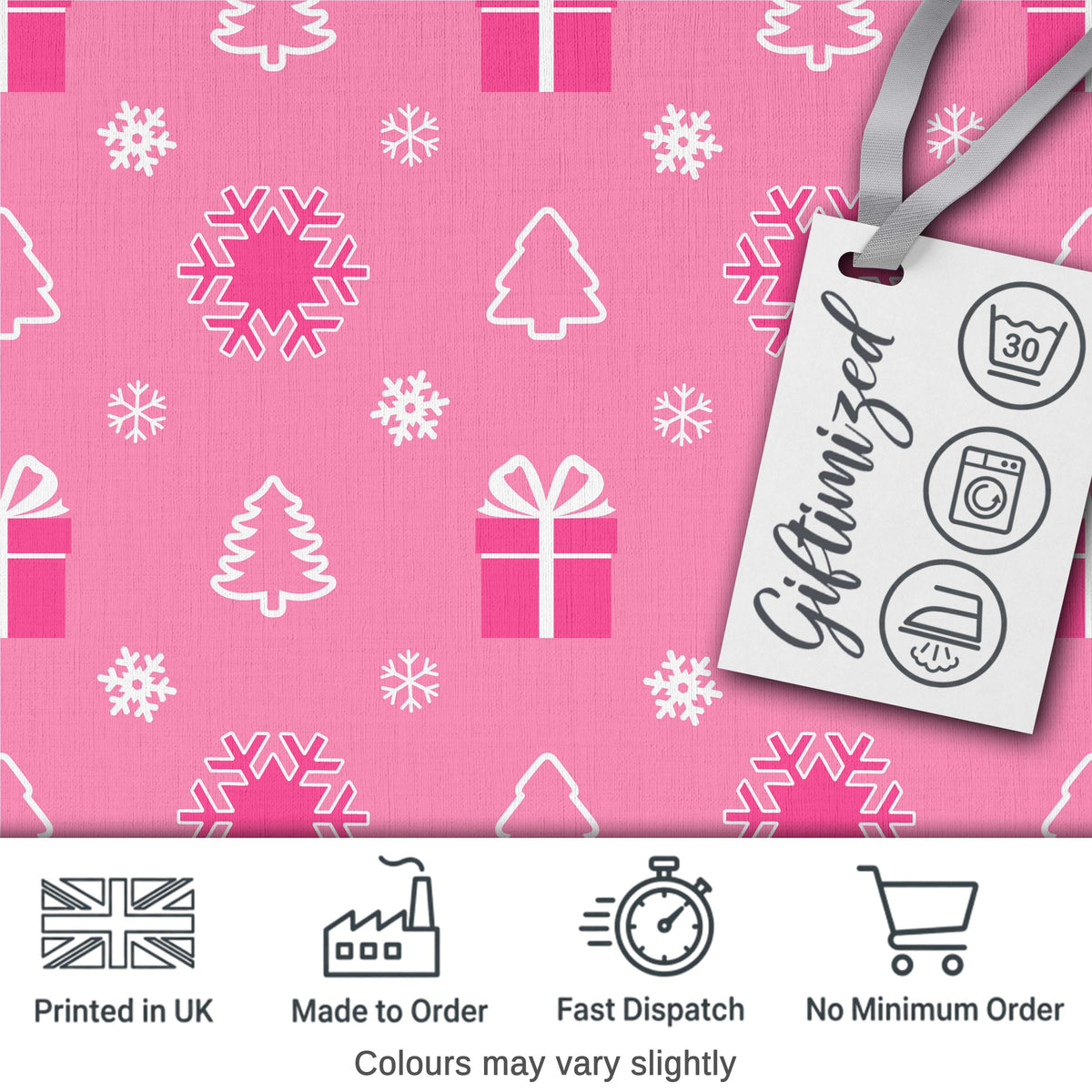 Pink Christmas Snowflakes Trees Gift Box Seamless Pattern Digital Print Fabric by the Metre UK Sewing Quilting Textile