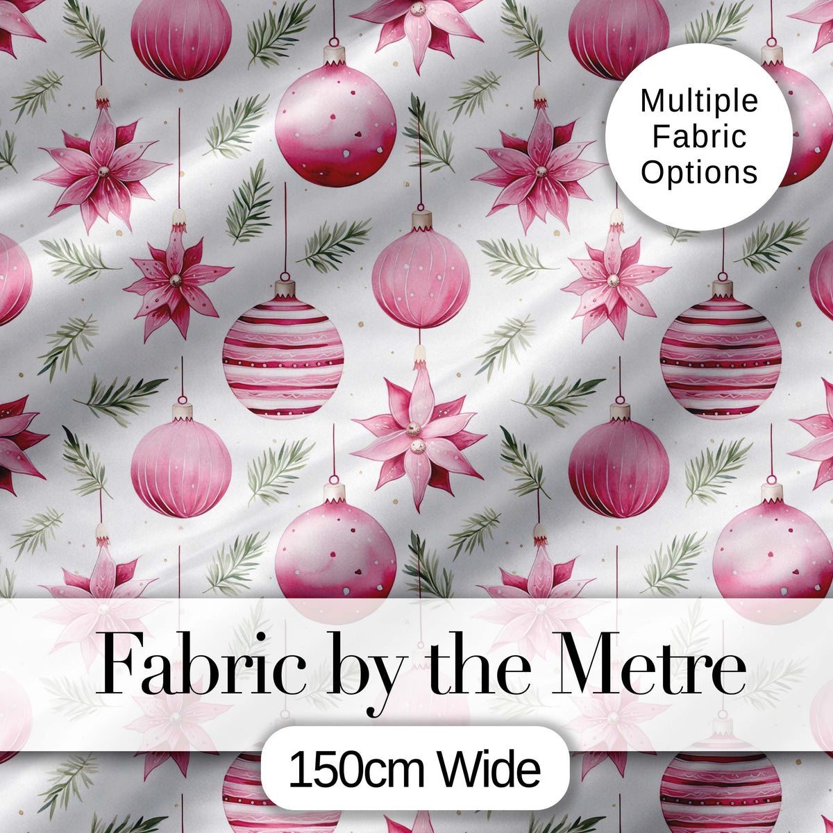 Watercolor Pink Christmas Baubles Poinsettia Floral Seamless Pattern Digital Print Fabric by the Metre UK Sewing Quilting Textile