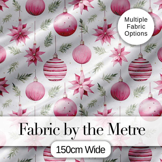 Watercolor Pink Christmas Baubles Poinsettia Floral Seamless Pattern Digital Print Fabric by the Metre UK Sewing Quilting Textile