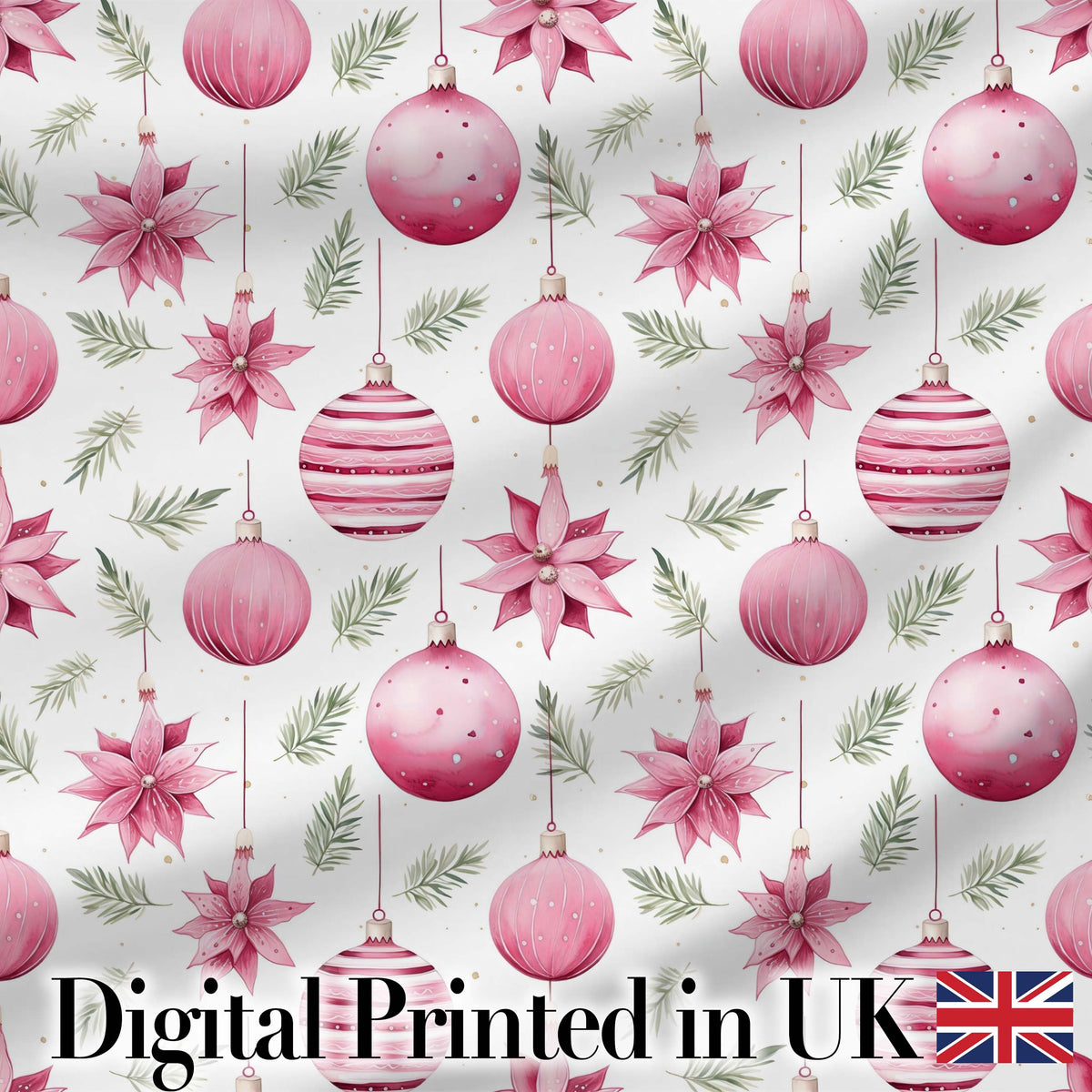 Watercolor Pink Christmas Baubles Poinsettia Floral Seamless Pattern Digital Print Fabric by the Metre UK Sewing Quilting Textile