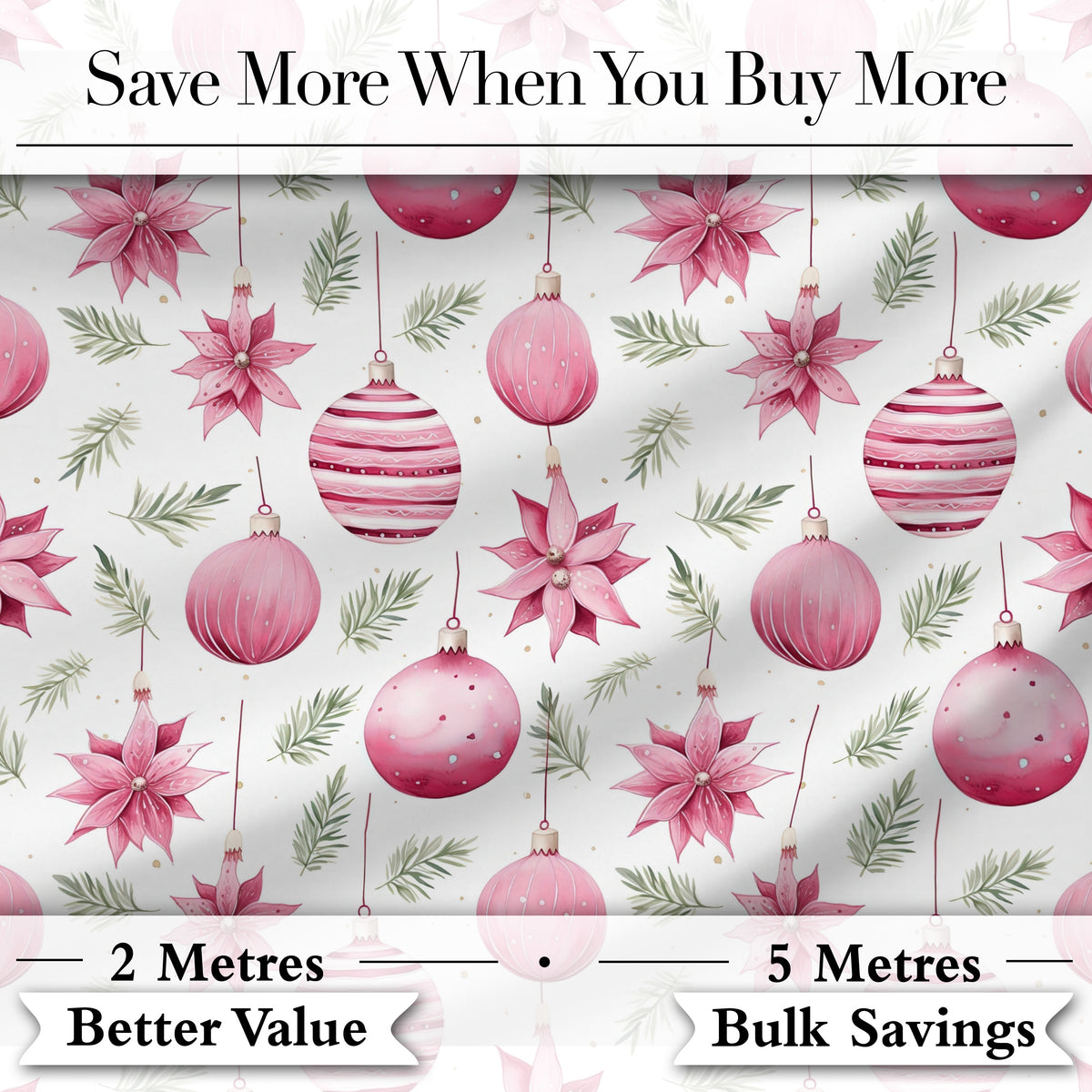 Watercolor Pink Christmas Baubles Poinsettia Floral Seamless Pattern Digital Print Fabric by the Metre UK Sewing Quilting Textile