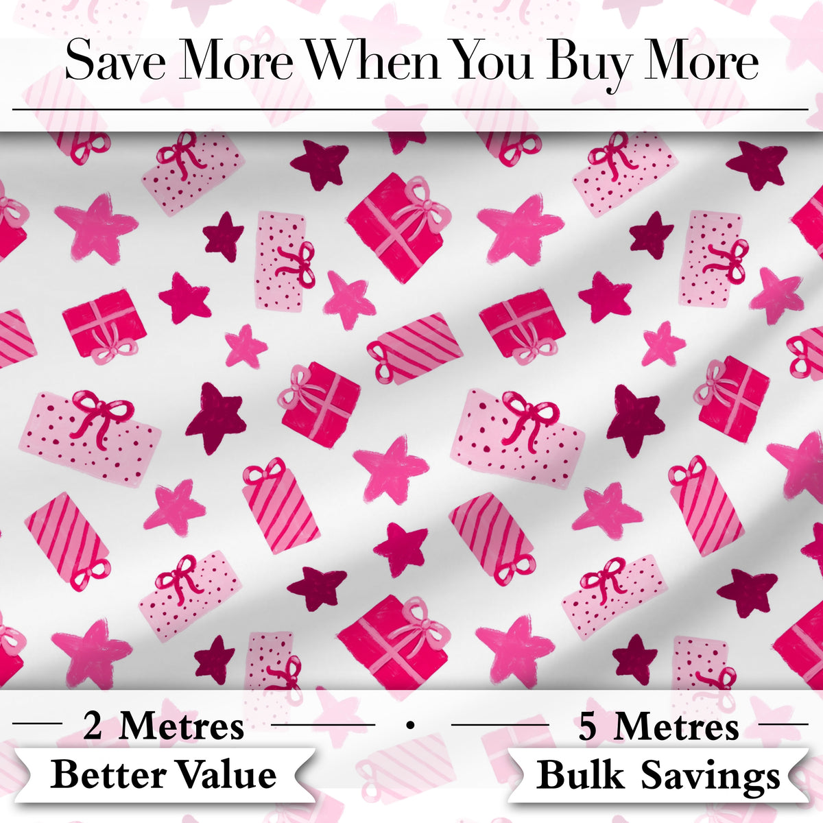 Cute Pink Christmas Gifts Stars Hand Drawn Seamless Pattern Digital Print Fabric by the Metre UK Sewing Quilting Textile