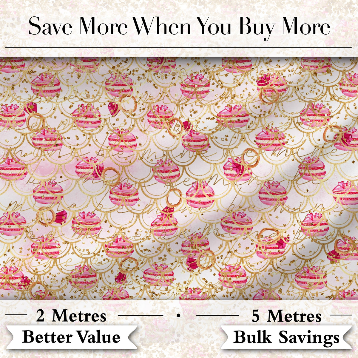 Luxury Gold Pink Christmas Ornaments Glitter Seamless Pattern Digital Print Fabric by the Metre UK Sewing Quilting Textile