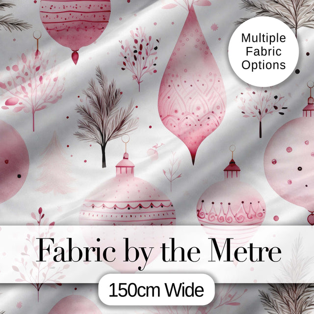 Soft Pink Christmas Baubles Botanical Seamless Pattern Digital Print Fabric by the Metre UK Sewing Quilting Textile