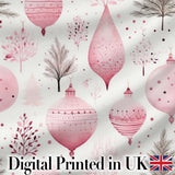 Soft Pink Christmas Baubles Botanical Seamless Pattern Digital Print Fabric by the Metre UK Sewing Quilting Textile