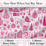Cute Pink Christmas Folk Art  Seamless Pattern Digital Print Fabric by the Metre UK Sewing Quilting Textile