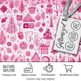 Cute Pink Christmas Folk Art  Seamless Pattern Digital Print Fabric by the Metre UK Sewing Quilting Textile