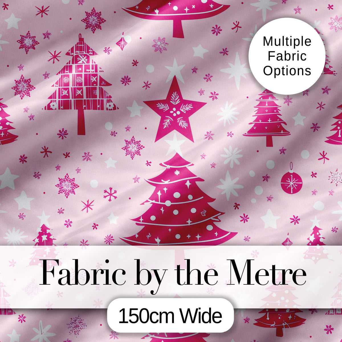 Cute Pink Christmas Trees Snowflakes Stars Seamless Pattern Digital Print Fabric by the Metre UK Sewing Quilting Textile