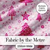 Cute Pink Christmas Trees Snowflakes Stars Seamless Pattern Digital Print Fabric by the Metre UK Sewing Quilting Textile