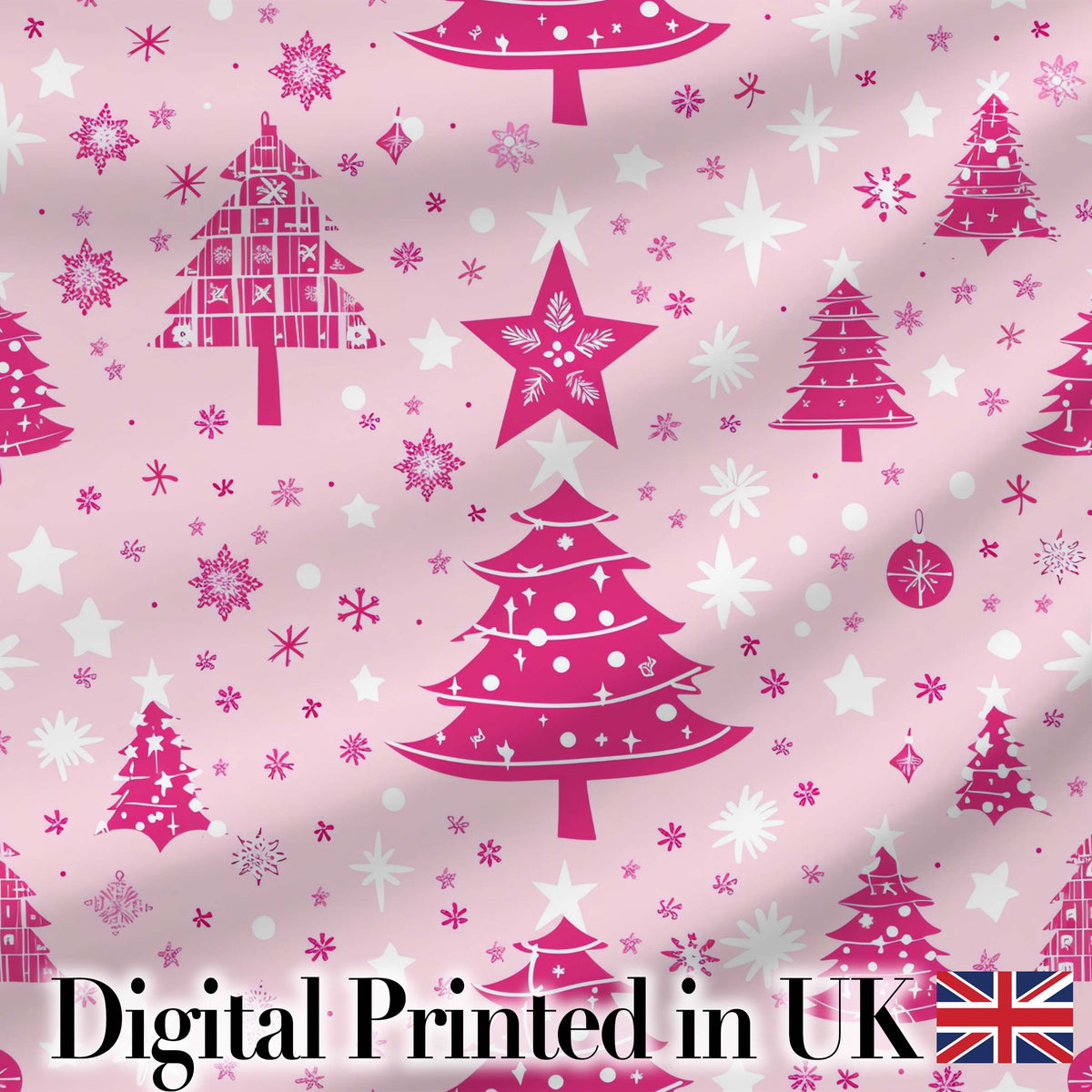 Cute Pink Christmas Trees Snowflakes Stars Seamless Pattern Digital Print Fabric by the Metre UK Sewing Quilting Textile